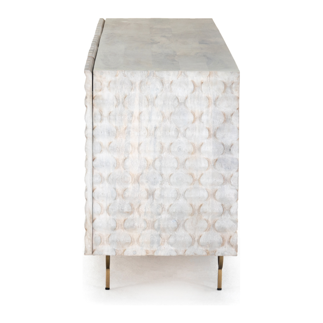 Featuring Rio Media Console - Round Cut White Wash by Four Hands at Amethyst Home. We love the texture of this Rio Media Console - Round Cut White Wash. Made from solid mango with spacious interior shelving and a rear cutout for card management, this is a beautiful piece to add to any living room or entertainment area. 
Overall Dimensions: 82"W x 18.25"L x 28".  Amethyst Home provides interior design, new home construction design consulting, vintage area rugs, and lighting in the Miami metro area.