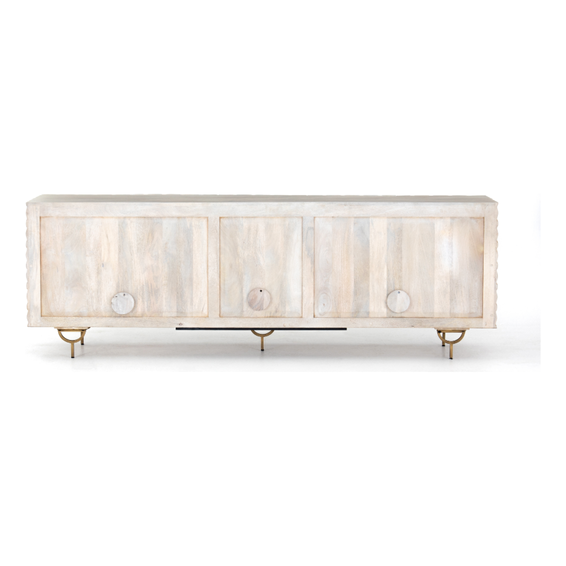 Featuring Rio Media Console - Round Cut White Wash by Four Hands at Amethyst Home. We love the texture of this Rio Media Console - Round Cut White Wash. Made from solid mango with spacious interior shelving and a rear cutout for card management, this is a beautiful piece to add to any living room or entertainment area. 
Overall Dimensions: 82"W x 18.25"L x 28".  Amethyst Home provides interior design, new home construction design consulting, vintage area rugs, and lighting in the Miami metro area.