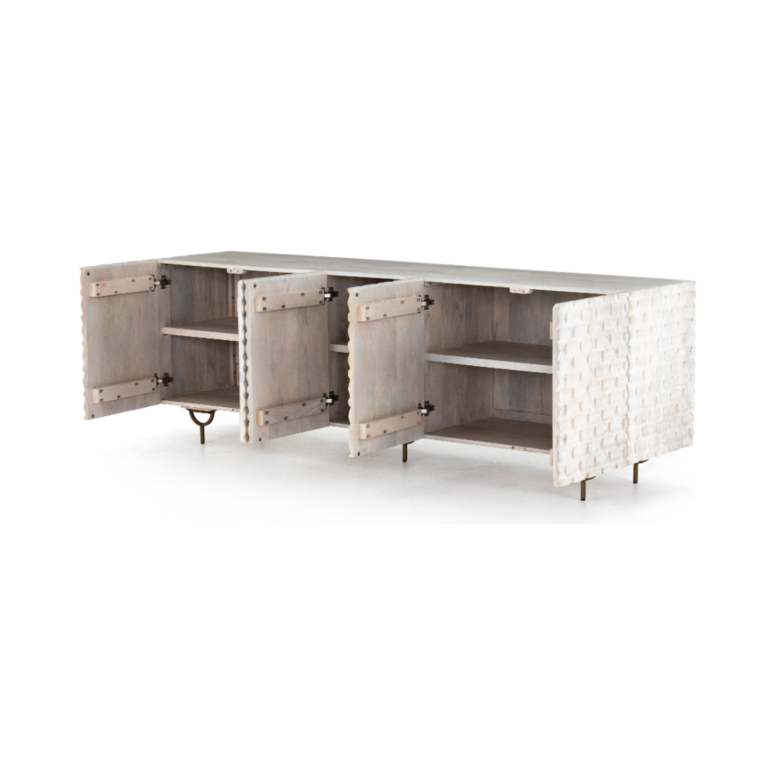 Featuring Rio Media Console - Round Cut White Wash by Four Hands at Amethyst Home. We love the texture of this Rio Media Console - Round Cut White Wash. Made from solid mango with spacious interior shelving and a rear cutout for card management, this is a beautiful piece to add to any living room or entertainment area. 
Overall Dimensions: 82"W x 18.25"L x.  Amethyst Home provides interior design, new home construction design consulting, vintage area rugs, and lighting in the Charlotte metro area.