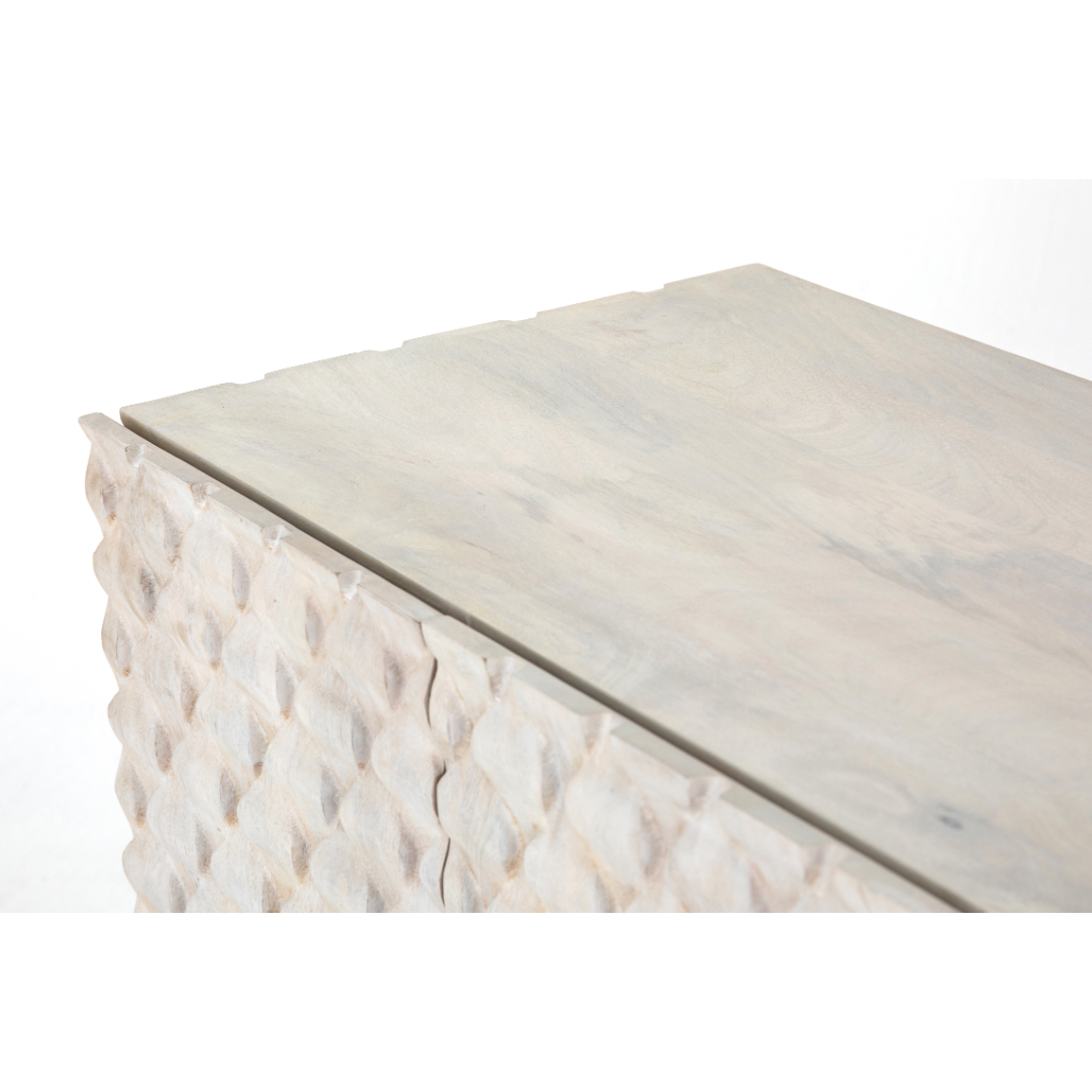 Featuring Rio Media Console - Round Cut White Wash by Four Hands at Amethyst Home. We love the texture of this Rio Media Console - Round Cut White Wash. Made from solid mango with spacious interior shelving and a rear cutout for card management, this is a beautiful piece to add to any living room or entertainment area. 
Overall Dimensions: 82"W x 18.25"L x 28.  Amethyst Home provides interior design, new home construction design consulting, vintage area rugs, and lighting in the Boston metro area.