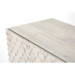 Featuring Rio Media Console - Round Cut White Wash by Four Hands at Amethyst Home. We love the texture of this Rio Media Console - Round Cut White Wash. Made from solid mango with spacious interior shelving and a rear cutout for card management, this is a beautiful piece to add to any living room or entertainment area. 
Overall Dimensions: 82"W x 18.25"L x 28.  Amethyst Home provides interior design, new home construction design consulting, vintage area rugs, and lighting in the Boston metro area.