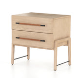 Featuring Rosedale Nightstand by Four Hands at Amethyst Home. The light-finished oak of this Rosedale Nightstand brings a clean, brightness to any room. We love how the two spacious drawers have iron hardware wrapped in a gorgeous, tan leather. The dimension legs with iron connecting them bring a unique look to your bedroom or other area!
Overall Dimensions: .  Amethyst Home provides interior design, new home construction design consulting, vintage area rugs, and lighting in the Dallas metro area.