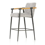 Featuring Rowen Thames Raven Counter Stool by Four Hands at Amethyst Home. We love the textural grey seating upholstered in a high-performance fabric on this Rowen Thames Raven Counter Stool. The angular solid oak arms and black-finished stainless steel framing is perfectly sized to elevate your bar or counter space.
Counter Stool Overall Dimensions: 23"W x .  Amethyst Home provides interior design, new home construction design consulting, vintage area rugs, and lighting in the Houston metro area.