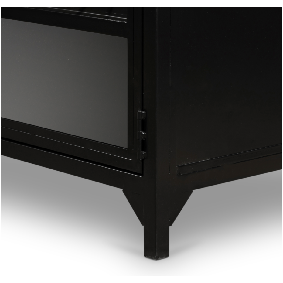 Featuring Shadow Box Media Console Table by Four Hands at Amethyst Home. This Shadow Box Media Console Table gives your inner collector a place to play. Frame prized possessions in a glass enclosure with matte-black metal and brass knobs.
Overall Dimensions: 69"W x 18"L x 29.25"H
Colors: Black, Tempered GlassMaterials: Iron, Tempered GlassWeight: 206.13 lbVol.  Amethyst Home provides interior design, new home construction design consulting, vintage area rugs, and lighting in the Dallas metro area.