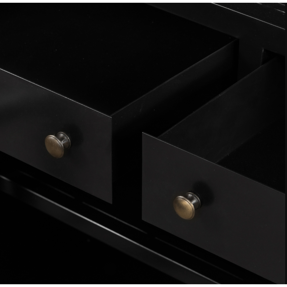 Featuring Shadow Box Media Console Table by Four Hands at Amethyst Home. This Shadow Box Media Console Table gives your inner collector a place to play. Frame prized possessions in a glass enclosure with matte-black metal and brass knobs.
Overall Dimensions: 69"W x 18"L x 29.25"H
Colors: Black, Tempered GlassMaterials: Iron, Tempered GlassWeight: 206.1.  Amethyst Home provides interior design, new home construction design consulting, vintage area rugs, and lighting in the Winter Garden metro area.