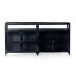 Featuring Shadow Box Sideboard - Black by Four Hands at Amethyst Home. This Shadow Box Sideboard gives your inner collector a place to play. Store prized possessions behind clear glass fronts, with black-finished metal casing and brass hardware for contrast.
Overall Dimensions: 70"W x 17.25"L x 35"H
Colors: Black, Weathered Bronze, Clear Glass, Tempered G.  Amethyst Home provides interior design, new home construction design consulting, vintage area rugs, and lighting in the Scottsdale metro area.