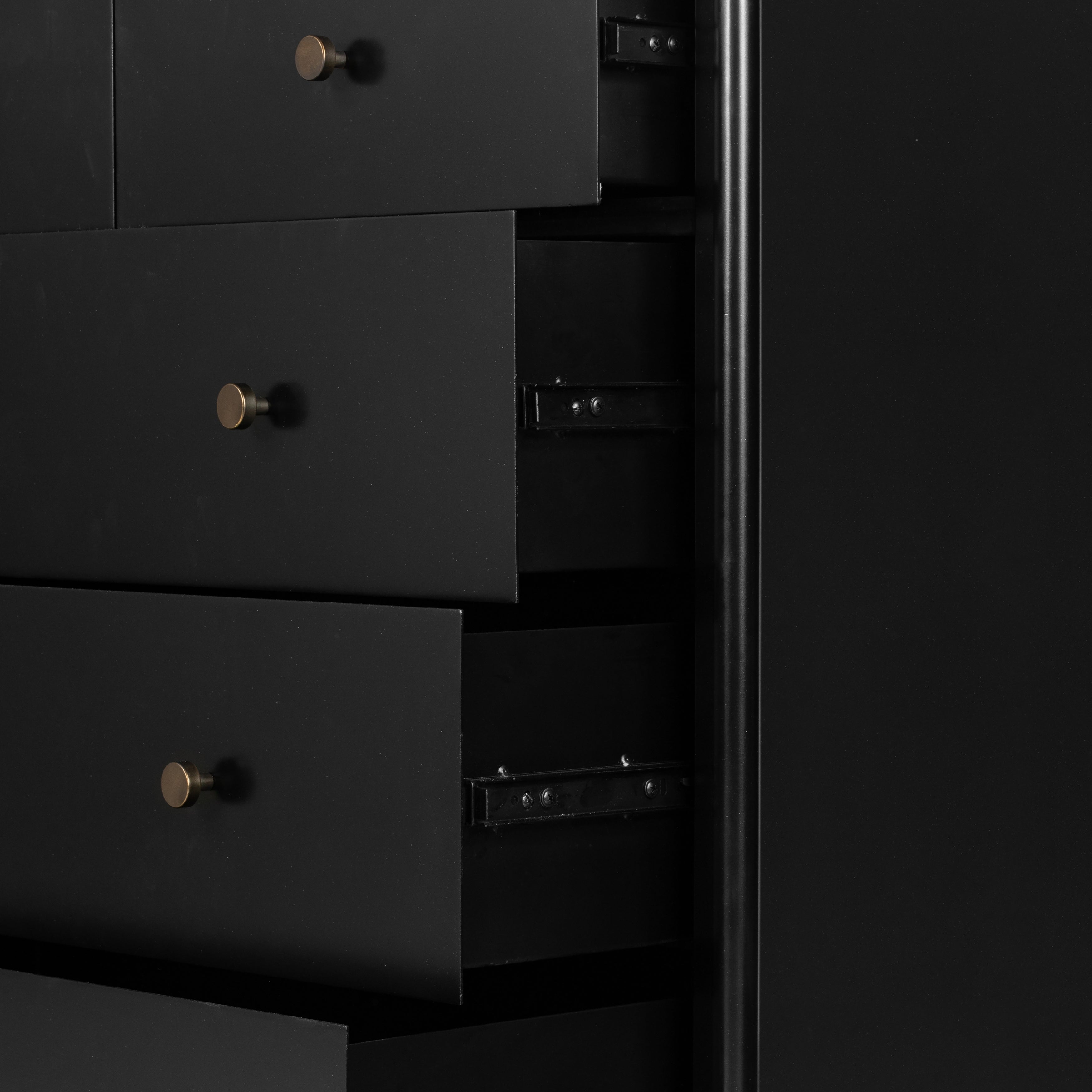 Featuring Soto 5 Drawer Dresser - Black by Four Hands at Amethyst Home. Bring a clean, beautifully industrial look to the bedroom with this Soto 5 Drawer Dresser - Black!  The roomy five-drawer dresser is made from black-finished iron, featuring bronzed iron hardware to elevate the look of any bedroom!
Overall Dimensions: 36"W x 19"L x 38.50"H
Colors: B.  Amethyst Home provides interior design, new home construction design consulting, vintage area rugs, and lighting in the Laguna Beach metro area.