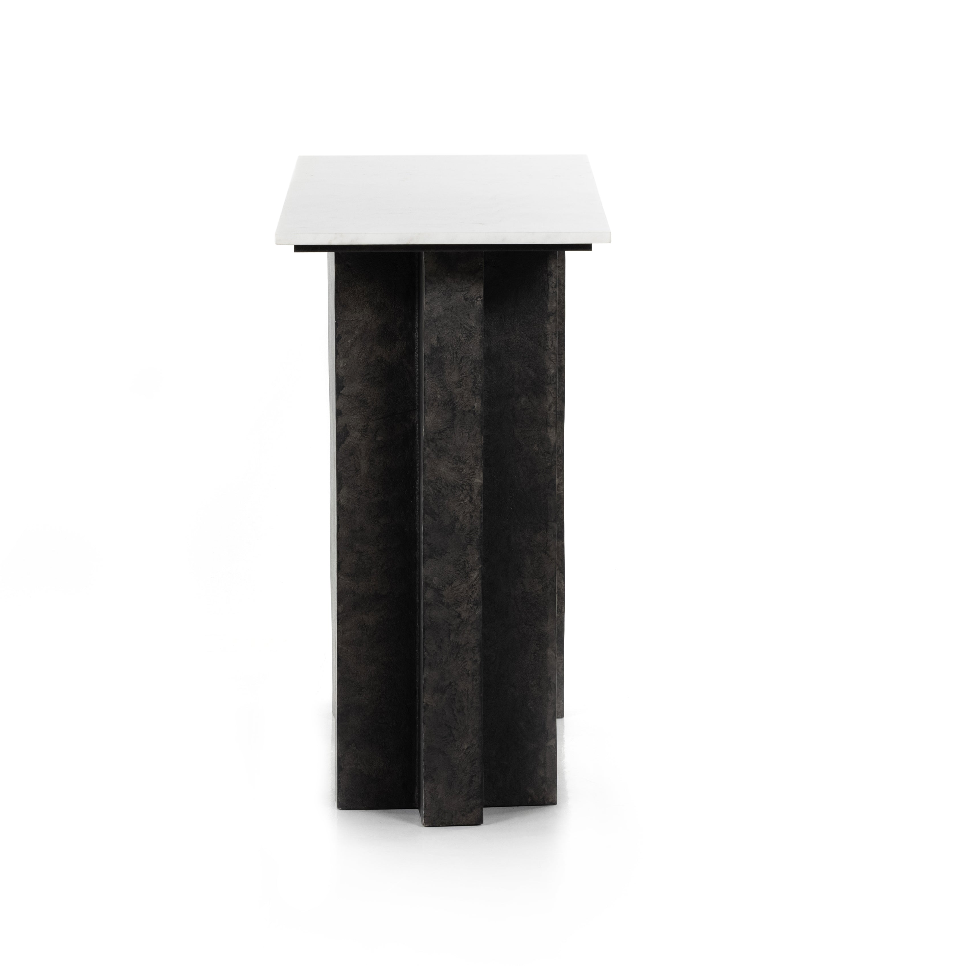Featuring Terrell Console Table - Raw Black by Four Hands at Amethyst Home. Finished in a raw black, uniquely angular cast aluminum legs, this Terrell Console Table - Raw Black showcases a rectangular tabletop of solid marble in a clean, polished white. We'd love to see this in an entryway or behind a sofa. 
Overall Dimensions: 51"W x 17"L x 31.25"H
Co.  Amethyst Home provides interior design, new home construction design consulting, vintage area rugs, and lighting in the Newport Beach metro area.