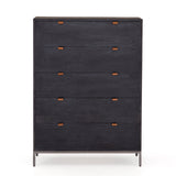 Featuring Trey 5 Drawer Dresser - Black Wash Poplar by Four Hands at Amethyst Home. The toffee leather handles of this Trey 5 Drawer Dresser - Black Wash Poplar bring a classy pop of color and texture to the space. A stylish dresser of black-washed poplar offers plenty of bedroom storage space thanks to five spacious drawers. 
Overall Dimensions: 36"W x 18"L .  Amethyst Home provides interior design, new home construction design consulting, vintage area rugs, and lighting in the Austin metro area.
