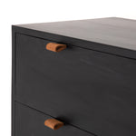 Featuring Trey 5 Drawer Dresser - Black Wash Poplar by Four Hands at Amethyst Home. The toffee leather handles of this Trey 5 Drawer Dresser - Black Wash Poplar bring a classy pop of color and texture to the space. A stylish dresser of black-washed poplar offers plenty of bedroom storage space thanks to five spacious drawers. 
Overall Dimensions: 36"W x 18"L x.  Amethyst Home provides interior design, new home construction design consulting, vintage area rugs, and lighting in the Omaha metro area.