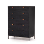 Featuring Trey 5 Drawer Dresser - Black Wash Poplar by Four Hands at Amethyst Home. The toffee leather handles of this Trey 5 Drawer Dresser - Black Wash Poplar bring a classy pop of color and texture to the space. A stylish dresser of black-washed poplar offers plenty of bedroom storage space thanks to five spacious drawers. 
Overall Dimensions: 36"W x .  Amethyst Home provides interior design, new home construction design consulting, vintage area rugs, and lighting in the Kansas City metro area.
