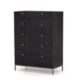 Featuring Trey 5 Drawer Dresser - Black Wash Poplar by Four Hands at Amethyst Home. The toffee leather handles of this Trey 5 Drawer Dresser - Black Wash Poplar bring a classy pop of color and texture to the space. A stylish dresser of black-washed poplar offers plenty of bedroom storage space thanks to five spacious drawers. 
Overall Dimensions: 36"W x .  Amethyst Home provides interior design, new home construction design consulting, vintage area rugs, and lighting in the Kansas City metro area.