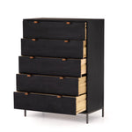 Featuring Trey 5 Drawer Dresser - Black Wash Poplar by Four Hands at Amethyst Home. The toffee leather handles of this Trey 5 Drawer Dresser - Black Wash Poplar bring a classy pop of color and texture to the space. A stylish dresser of black-washed poplar offers plenty of bedroom storage space thanks to five spacious drawers. 
Overall Dimensions: 36"W x 18"L.  Amethyst Home provides interior design, new home construction design consulting, vintage area rugs, and lighting in the Seattle metro area.