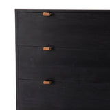 Featuring Trey 5 Drawer Dresser - Black Wash Poplar by Four Hands at Amethyst Home. The toffee leather handles of this Trey 5 Drawer Dresser - Black Wash Poplar bring a classy pop of color and texture to the space. A stylish dresser of black-washed poplar offers plenty of bedroom storage space thanks to five spacious drawers. 
Overall Dimensions: 36"W x 18".  Amethyst Home provides interior design, new home construction design consulting, vintage area rugs, and lighting in the Portland metro area.