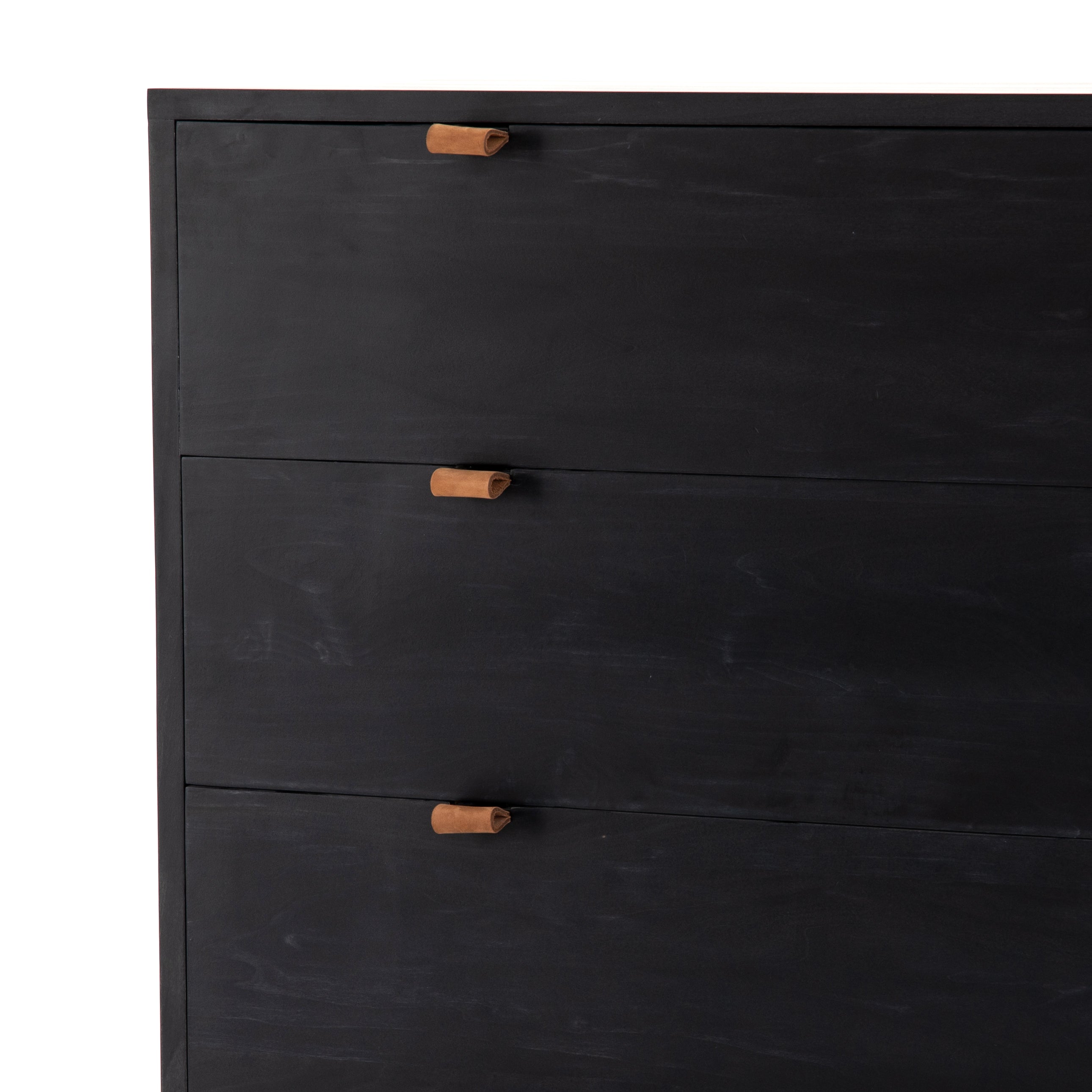 Featuring Trey 5 Drawer Dresser - Black Wash Poplar by Four Hands at Amethyst Home. The toffee leather handles of this Trey 5 Drawer Dresser - Black Wash Poplar bring a classy pop of color and texture to the space. A stylish dresser of black-washed poplar offers plenty of bedroom storage space thanks to five spacious drawers. 
Overall Dimensions: 36"W x 18".  Amethyst Home provides interior design, new home construction design consulting, vintage area rugs, and lighting in the Portland metro area.