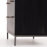Featuring Trey 5 Drawer Dresser - Black Wash Poplar by Four Hands at Amethyst Home. The toffee leather handles of this Trey 5 Drawer Dresser - Black Wash Poplar bring a classy pop of color and texture to the space. A stylish dresser of black-washed poplar offers plenty of bedroom storage space thanks to five spacious drawers. 
Overall Dimensions: 36"W x .  Amethyst Home provides interior design, new home construction design consulting, vintage area rugs, and lighting in the Los Angeles metro area.