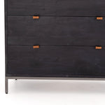 Featuring Trey 5 Drawer Dresser - Black Wash Poplar by Four Hands at Amethyst Home. The toffee leather handles of this Trey 5 Drawer Dresser - Black Wash Poplar bring a classy pop of color and texture to the space. A stylish dresser of black-washed poplar offers plenty of bedroom storage space thanks to five spacious drawers. 
Overall Dimensions: 36"W x 1.  Amethyst Home provides interior design, new home construction design consulting, vintage area rugs, and lighting in the Scottsdale metro area.