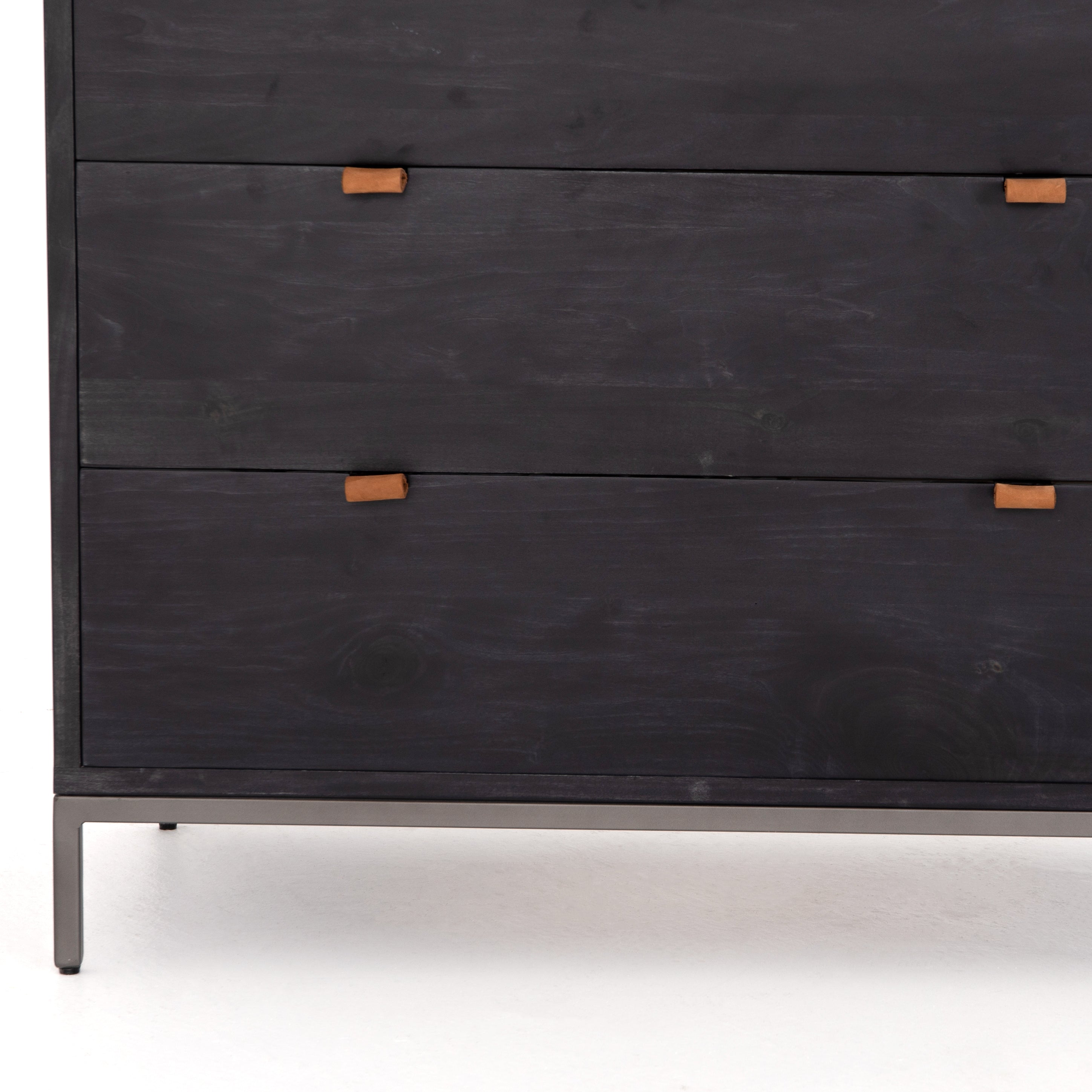 Featuring Trey 5 Drawer Dresser - Black Wash Poplar by Four Hands at Amethyst Home. The toffee leather handles of this Trey 5 Drawer Dresser - Black Wash Poplar bring a classy pop of color and texture to the space. A stylish dresser of black-washed poplar offers plenty of bedroom storage space thanks to five spacious drawers. 
Overall Dimensions: 36"W x 1.  Amethyst Home provides interior design, new home construction design consulting, vintage area rugs, and lighting in the Scottsdale metro area.