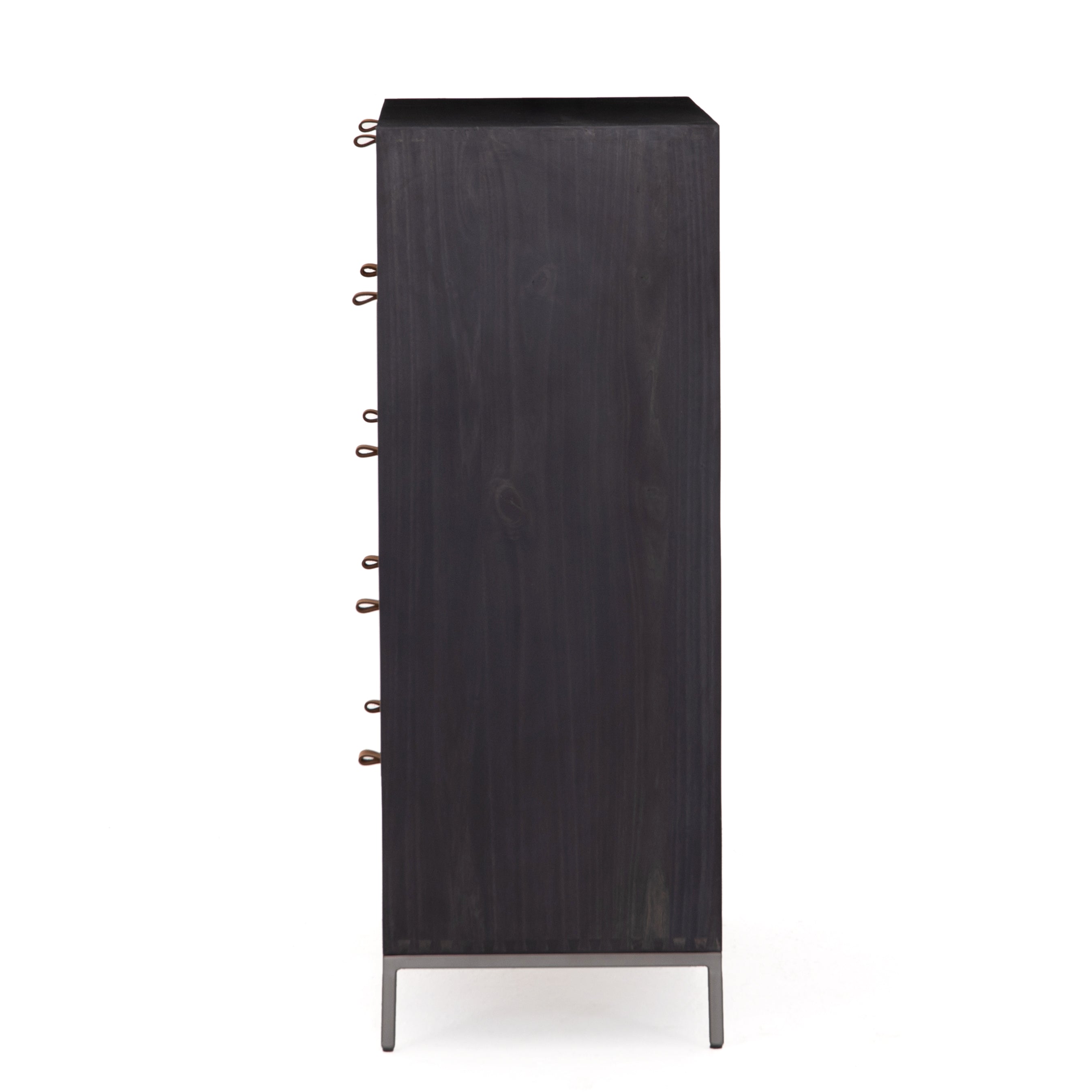 Featuring Trey 5 Drawer Dresser - Black Wash Poplar by Four Hands at Amethyst Home. The toffee leather handles of this Trey 5 Drawer Dresser - Black Wash Poplar bring a classy pop of color and texture to the space. A stylish dresser of black-washed poplar offers plenty of bedroom storage space thanks to five spacious drawers. 
Overall Dimensions: 36"W x 18"L x.  Amethyst Home provides interior design, new home construction design consulting, vintage area rugs, and lighting in the Miami metro area.