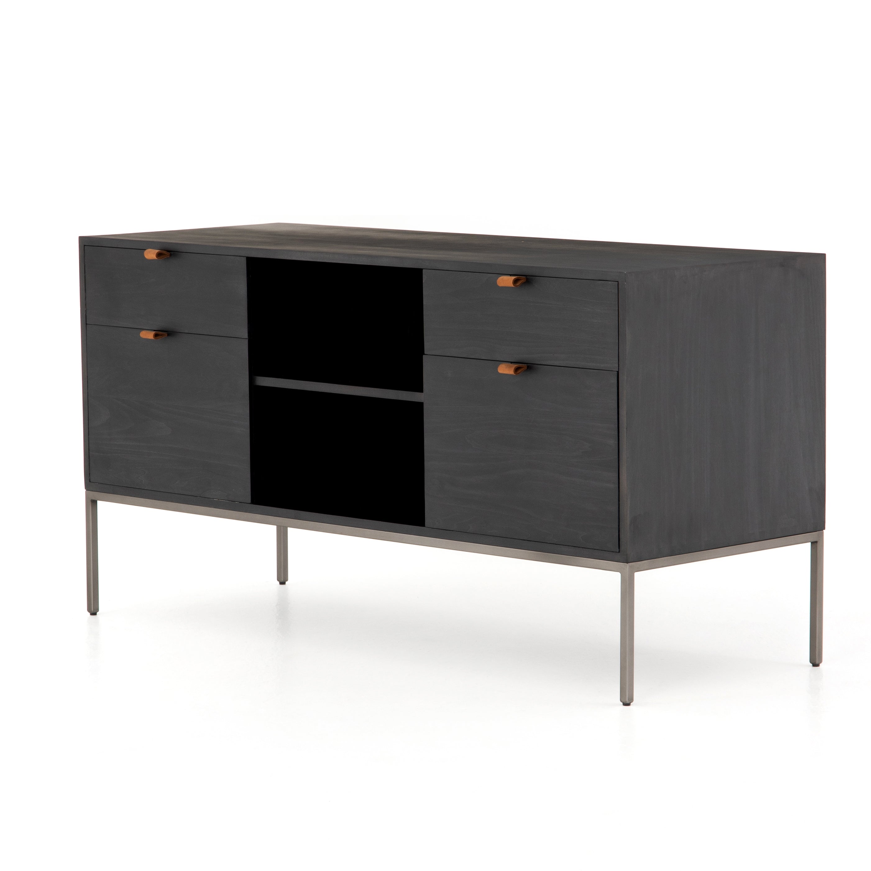 Featuring Trey Modular Filing Credenza - Black Poplar by Four Hands at Amethyst Home. Inspired by clean mid-century design, this Trey Modular Filing Credenza - Black Poplar brings generous storage space to the modern office, with a fully finished back pus metal-secured leather pulls for an element of surprise. Great solo or paired with matching desk or filing.  Amethyst Home provides interior design, new home construction design consulting, vintage area rugs, and lighting in the Boston metro area.