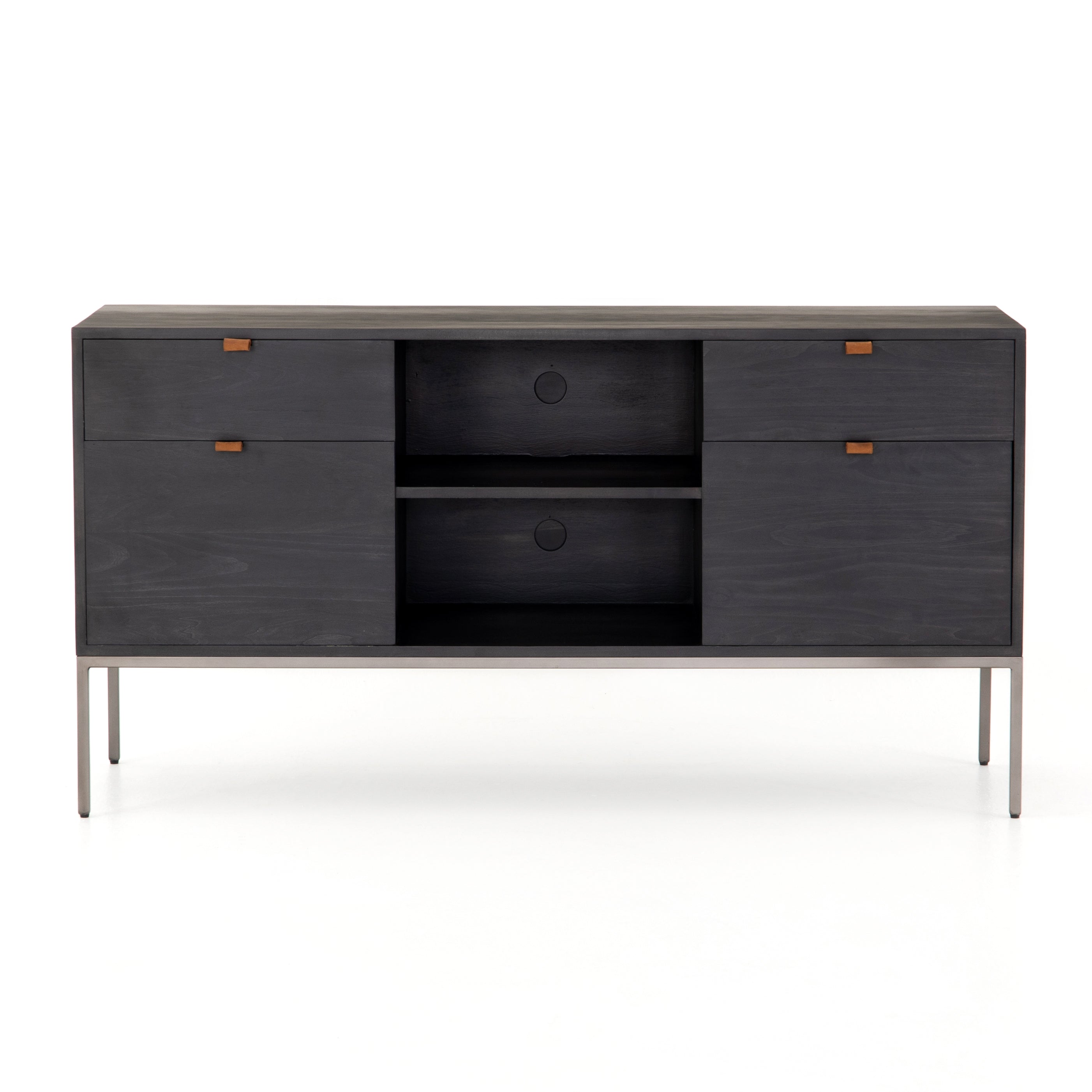 Featuring Trey Modular Filing Credenza - Black Poplar by Four Hands at Amethyst Home. Inspired by clean mid-century design, this Trey Modular Filing Credenza - Black Poplar brings generous storage space to the modern office, with a fully finished back pus metal-secured leather pulls for an element of surprise. Great solo or paired with matching desk or filing.  Amethyst Home provides interior design, new home construction design consulting, vintage area rugs, and lighting in the Austin metro area.