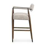 Featuring Waldon Counter Stool by Four Hands at Amethyst Home. Slim, sculptural style with this Waldon Counter Stool. Angular framing features a mix of bronze-finished metal and solid rubberwood, for a forward-thinking feel. Textural linen-blend seating adopts an invitingly neutral grey hue to move freely between spaces and styles.
Size: 23.25"W x 24.50"L .  Amethyst Home provides interior design, new home construction design consulting, vintage area rugs, and lighting in the San Diego metro area.