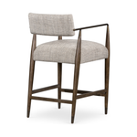 Featuring Waldon Counter Stool by Four Hands at Amethyst Home. Slim, sculptural style with this Waldon Counter Stool. Angular framing features a mix of bronze-finished metal and solid rubberwood, for a forward-thinking feel. Textural linen-blend seating adopts an invitingly neutral grey hue to move freely between spaces and styles.
Size: 23.25"W x 24.50"L .  Amethyst Home provides interior design, new home construction design consulting, vintage area rugs, and lighting in the Nashville metro area.