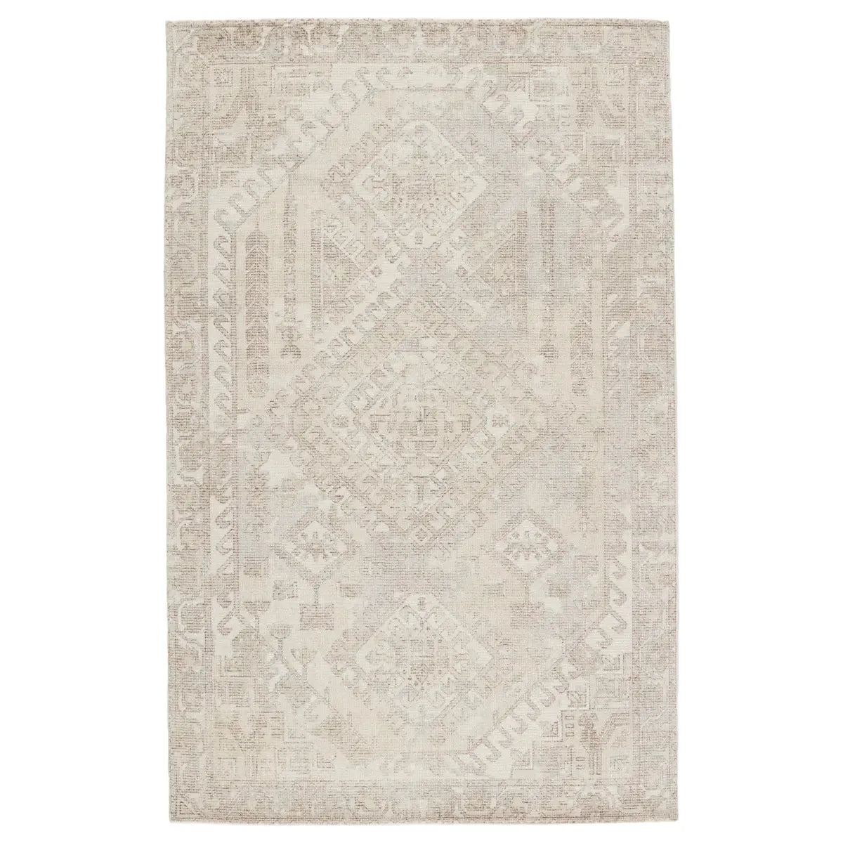 Featuring Blythe Arlowe Silver Birch / Winter White Rug by Jaipur Living at Amethyst Home. The handwoven Blythe Arlowe Silver Birch / Winter White Area Rug features a cut-loop pile and soft-yet-textured feel. Transitional, soft colors balance more tribal patterns for a look that is both statement-making and grounding at the same time. The cream and light tau.  Amethyst Home provides interior design, new home construction design consulting, vintage area rugs, and lighting in the Houston metro area.