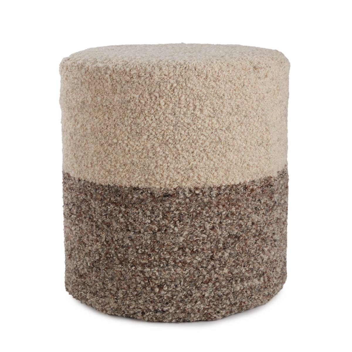Featuring Folke Micco Partridge Pouf by Jaipur Living at Amethyst Home. Cozy and stylish in the same moment, this FFolke Micco Partridge Pouf boasts the soft and inviting texture of the on-trend shearling look. Crafted of wool, the cylinder Micco pouf showcases boucle details and a color-blocked design. The heathered brown and cream colorway offers a perfe.  Amethyst Home provides interior design, new home construction design consulting, vintage area rugs, and lighting in the Charlotte metro area.