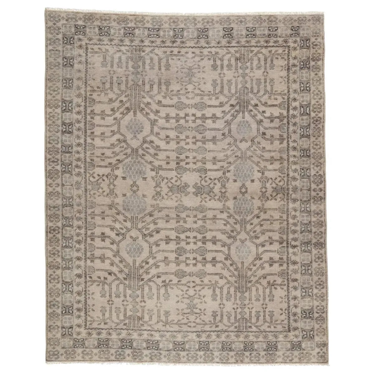 Featuring Salinas Cosimo Hand-Knotted Rug by Jaipur Living at Amethyst Home. The Salinas Cosimo Area Rug is punctuated by traditional, intricate details and a soft, hand-knotted wool construction. The neutral Cosimo area rug makes a transitional statement with grounding hues and Kotan-inspired motifs. This durable, artisan-made rug features a border deta.  Amethyst Home provides interior design, new home construction design consulting, vintage area rugs, and lighting in the Kansas City metro area.