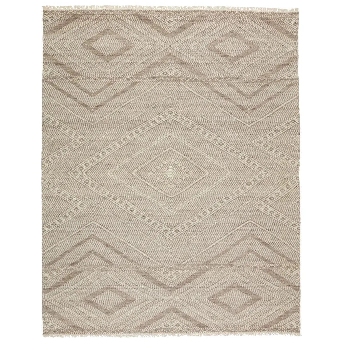Featuring Satori Suriya Rug by Jaipur Living at Amethyst Home. The handwoven Satori Suriya Area Rug showcases dynamic, global designs with mesmerizing linear details and geometric motifs. The Suriya rug features a versatile, neutral palette and an intricate tribal and diamond pattern. The short fringe detail adds texture to this light brown and cream-c.  Amethyst Home provides interior design, new home construction design consulting, vintage area rugs, and lighting in the Newport Beach metro area.