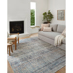 Featuring Billie Amber Lewis x Loloi Denim / Blush Rug by Loloi at Amethyst Home. Touting richly saturated colors and a distressed pattern, the Billie Collection captures the look of a well-worn antique rug at a remarkable value. Reminiscent of one-of-a-kind rugs, this Amber Lewis x Loloi collection features random variations in color that render no two piec.  Amethyst Home provides interior design, new home construction design consulting, vintage area rugs, and lighting in the Houston metro area.