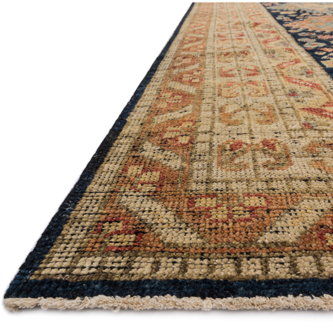 Featuring Heirloom Navy / Multi Hand-Knotted Rug by Loloi at Amethyst Home. Bring a touch of antiqued beauty into your home with our Heirloom collection. This 100% wool collection tastefully honors the art of hand knotted rugs from India. Heirloom evokes a sense of unique sophistication with its traditional Serapi rug color palettes and vintage design..  Amethyst Home provides interior design, new home construction design consulting, vintage area rugs, and lighting in the Winter Garden metro area.