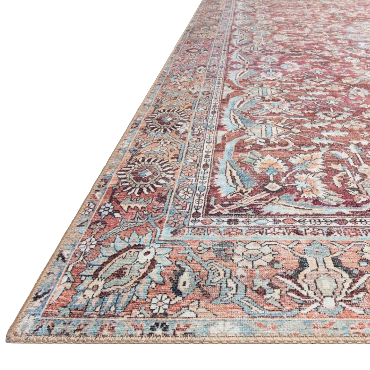 Featuring Wynter Tomato / Teal Rug by Loloi at Amethyst Home. Old soul, new spirit. Power-loomed of 100% polyester, the Wynter Tomato / Teal area rug showcases a one-of-a-kind vintage or antique area rug look at an affordable price. This rug brings in tones of red, blue, orange, and hints of ivory, and ideal for high traffic areas due to the rug's durabili.  Amethyst Home provides interior design, new home construction design consulting, vintage area rugs, and lighting in the Nashville metro area.