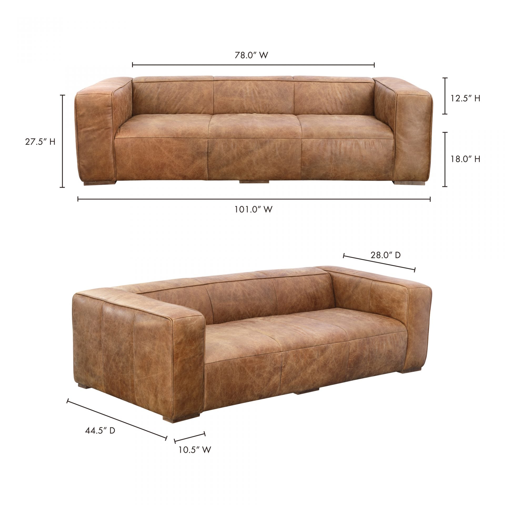 The Bolton Sofa's top-grain leather and minimalistic design combine to make a great first impression. With an ample seating area that will comfortably fit four people, this top-grain leather sofa is perfect for catching up with friends or on some much-needed sleep.  Size: 101"W x 44.5"D x 27.5"H