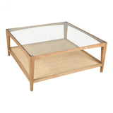 Both functional and beautiful, this Harrington Coffee Table features a natural cane shelf, perfect for storing your favorite books, magazines, or other accessories!   Dimensions: 39.5"W x 39.5"D x 16.5"H Materials:  Solid Oak Frame, Tempered Glass Top, Natural Cane Shelf