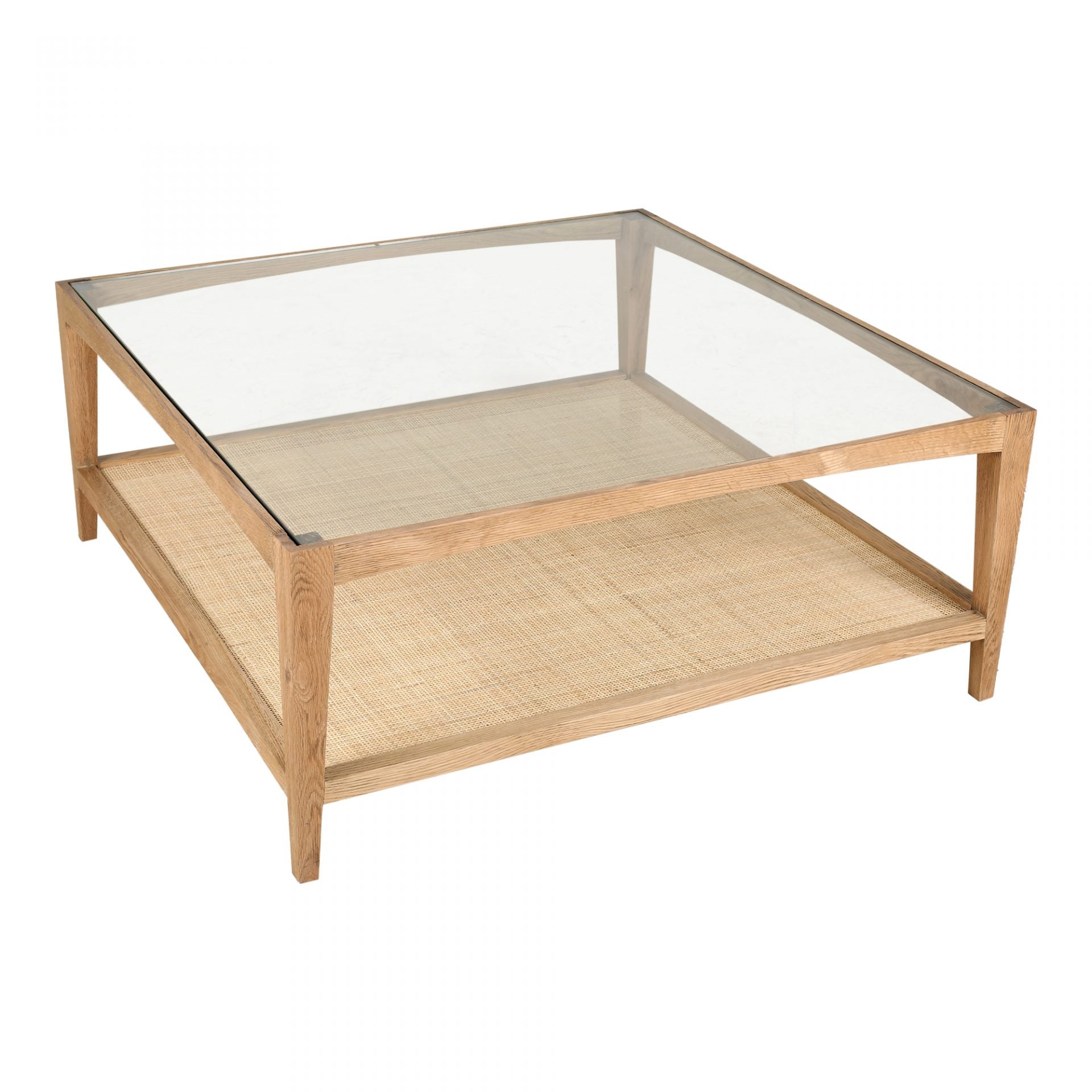 Both functional and beautiful, this Harrington Coffee Table features a natural cane shelf, perfect for storing your favorite books, magazines, or other accessories!   Dimensions: 39.5"W x 39.5"D x 16.5"H Materials:  Solid Oak Frame, Tempered Glass Top, Natural Cane Shelf