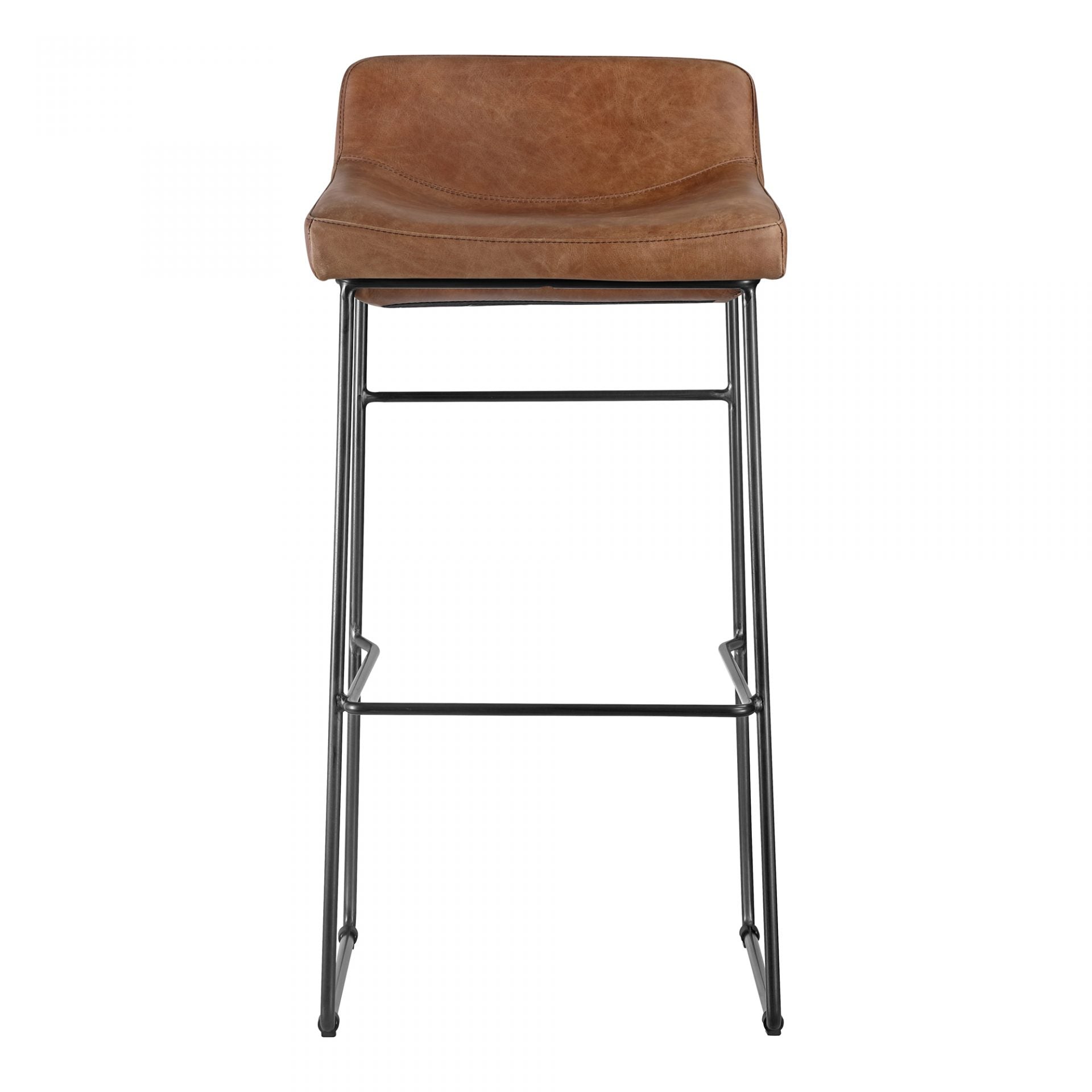 Upgrade your kitchen or dining room with this sleek, cocktail-ready Starlet Counter + Bar Stool - Open Road Brown Leather that showcases poise and comfort. This adds a cool sophistication to your space with its slim iron frame and luxe leather upholstery.