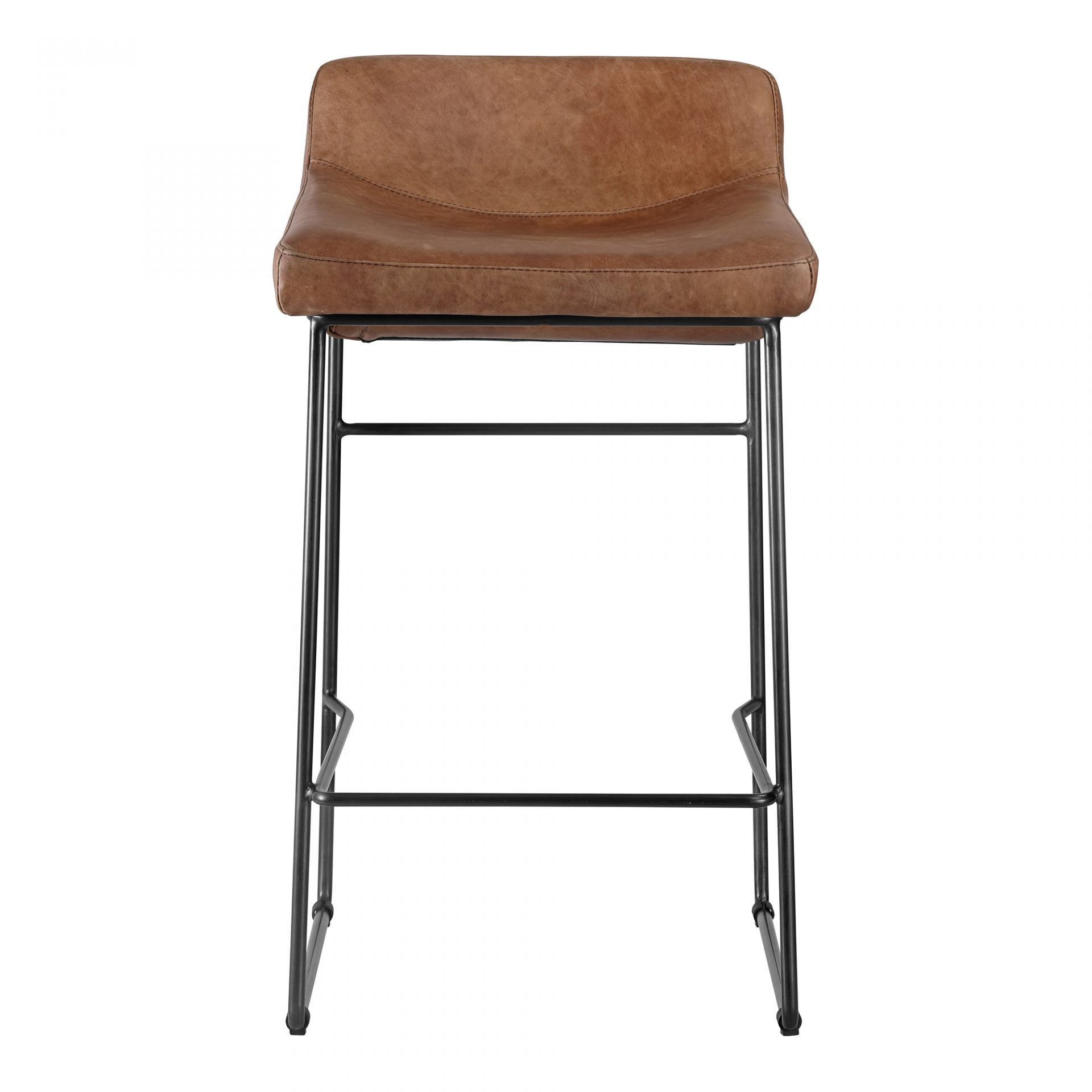 Upgrade your kitchen or dining room with this sleek, cocktail-ready Starlet Counter + Bar Stool - Open Road Brown Leather that showcases poise and comfort. This adds a cool sophistication to your space with its slim iron frame and luxe leather upholstery.