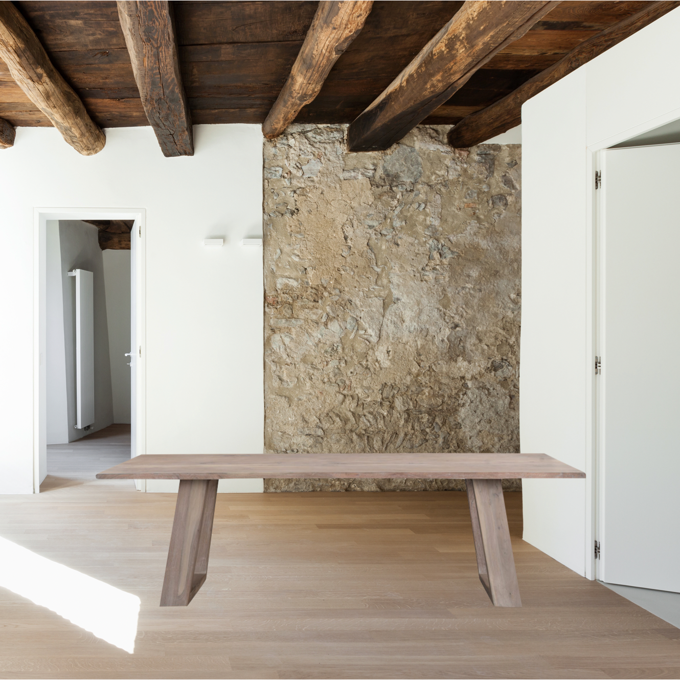 The airy base of this Tanya Dining Table brings a modern look to a classic dining table. Made of Acacia wood with a whitewash finish and sitting up to 8 people, this is a great piece for families wanting to add natural elements to their dining room  Size: 98"W x 40"D x 30"H Materials: Solid Acacia