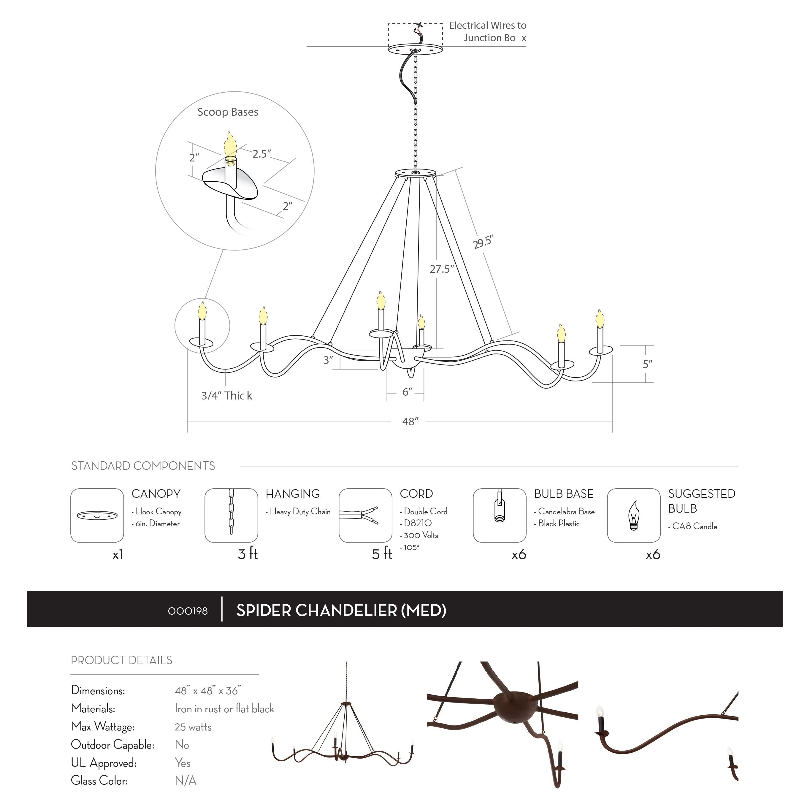 Add unique and modern lighting to a room with this Spider Chandelier from Cisco Brothers. The curved arms add beautiful sight lines to the fixture and plenty of light. This light fixture sets any room apart and comes available in either a "rust" or "flat black" finish in three different sizes.