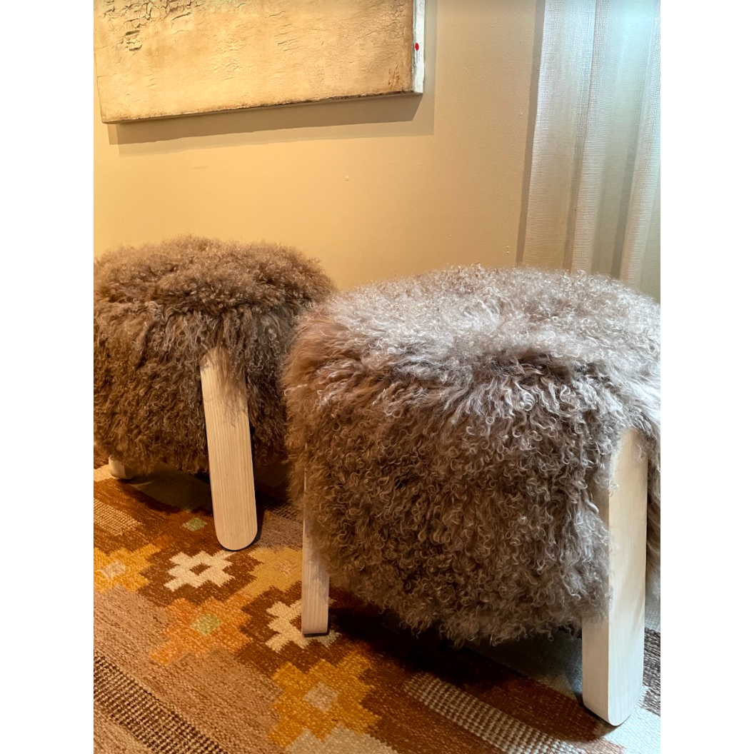 Lou Round Stool in Gobi - Bottega Beige Fabric and Bleached Whitewash Finish