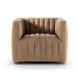 A modern take on the classic library chair, neutral seating in top-grain leather adopts dramatic channeling for trend-forward texture and sumptuous sit. A 360-swivel delivers appeal from every angle. Amethyst Home provides interior design, new home construction design consulting, vintage area rugs, and lighting in the Houston metro area.