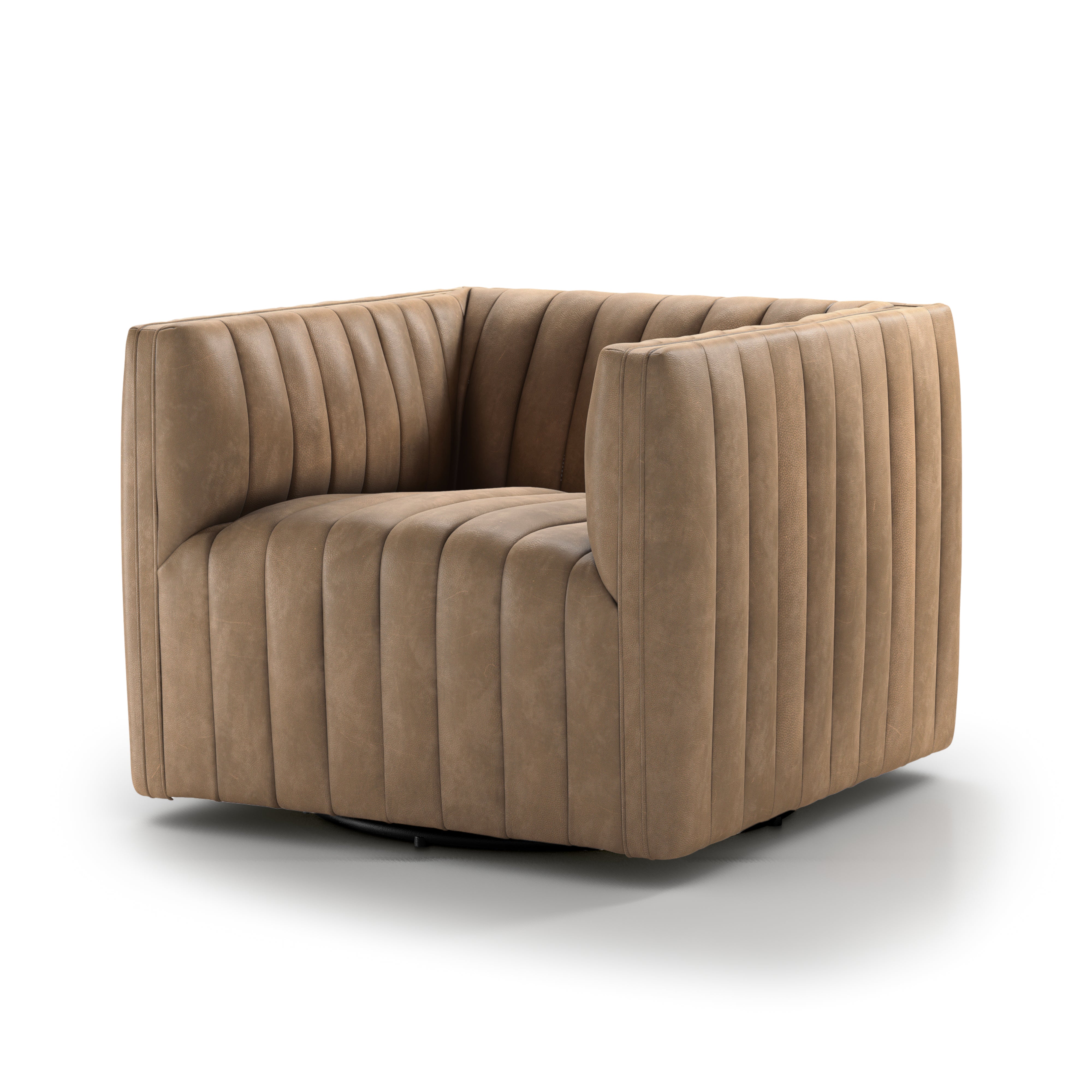A modern take on the classic library chair, neutral seating in top-grain leather adopts dramatic channeling for trend-forward texture and sumptuous sit. A 360-swivel delivers appeal from every angle. Amethyst Home provides interior design, new home construction design consulting, vintage area rugs, and lighting in the Miami metro area.