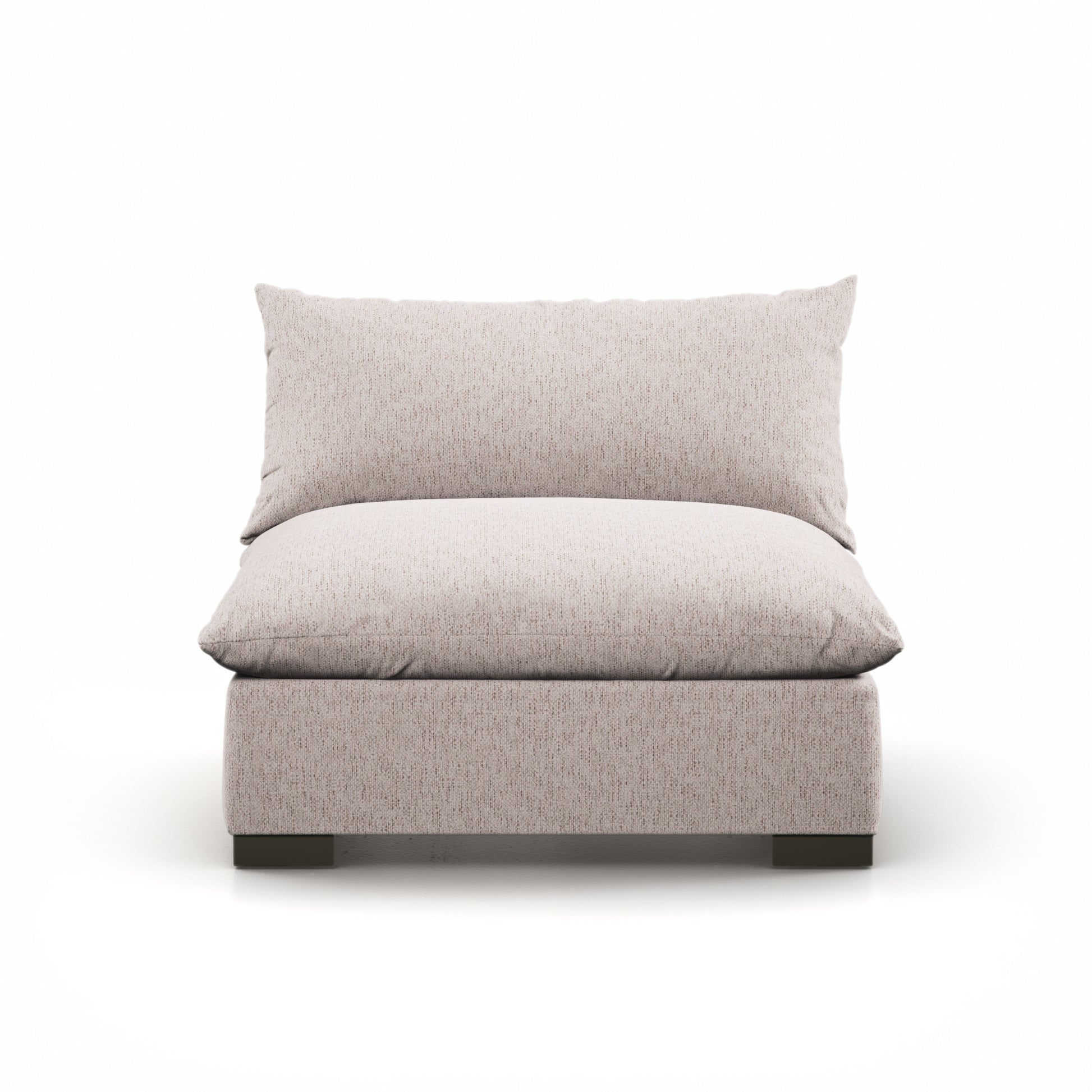 Meet the ultimate modular lounger. Knife edge cushioning is upholstered in a stone-colored high-performance fabric, perfect for modern living. Ottoman piece to matching sectional. Performance fabrics are specially created to withstand spills, stains, high traffic and wear, ensuring long-term comfort and unmatched durability. Amethyst Home provides interior design, new home construction design consulting, vintage area rugs, and lighting in the Charlotte metro area.