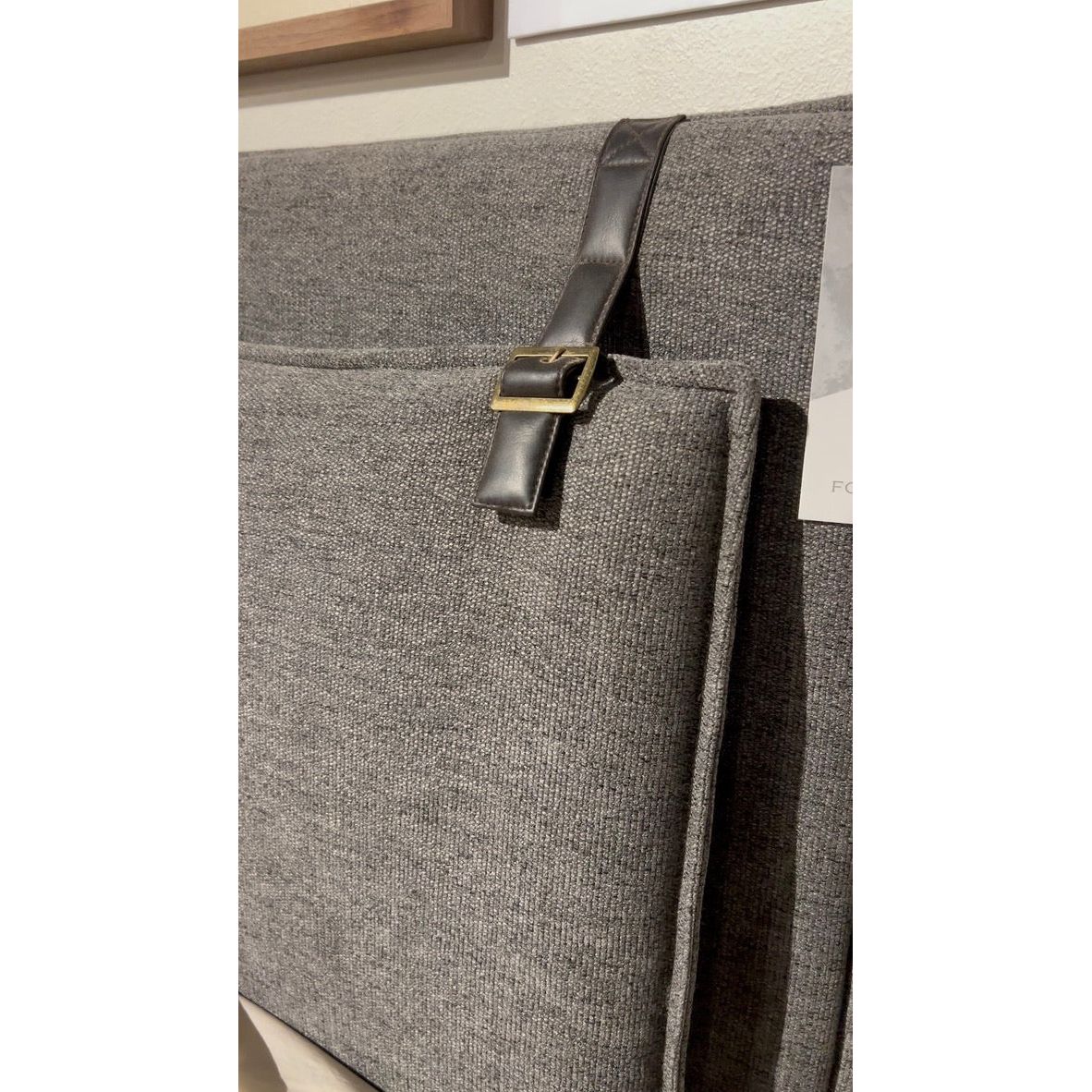 The black straps on this Leigh San Remo Ash Upholstered Bed give any bedroom a stylish, modern look. Amethyst Home provides interior design, new home construction design consulting, vintage area rugs, and lighting in the Washington metro area.