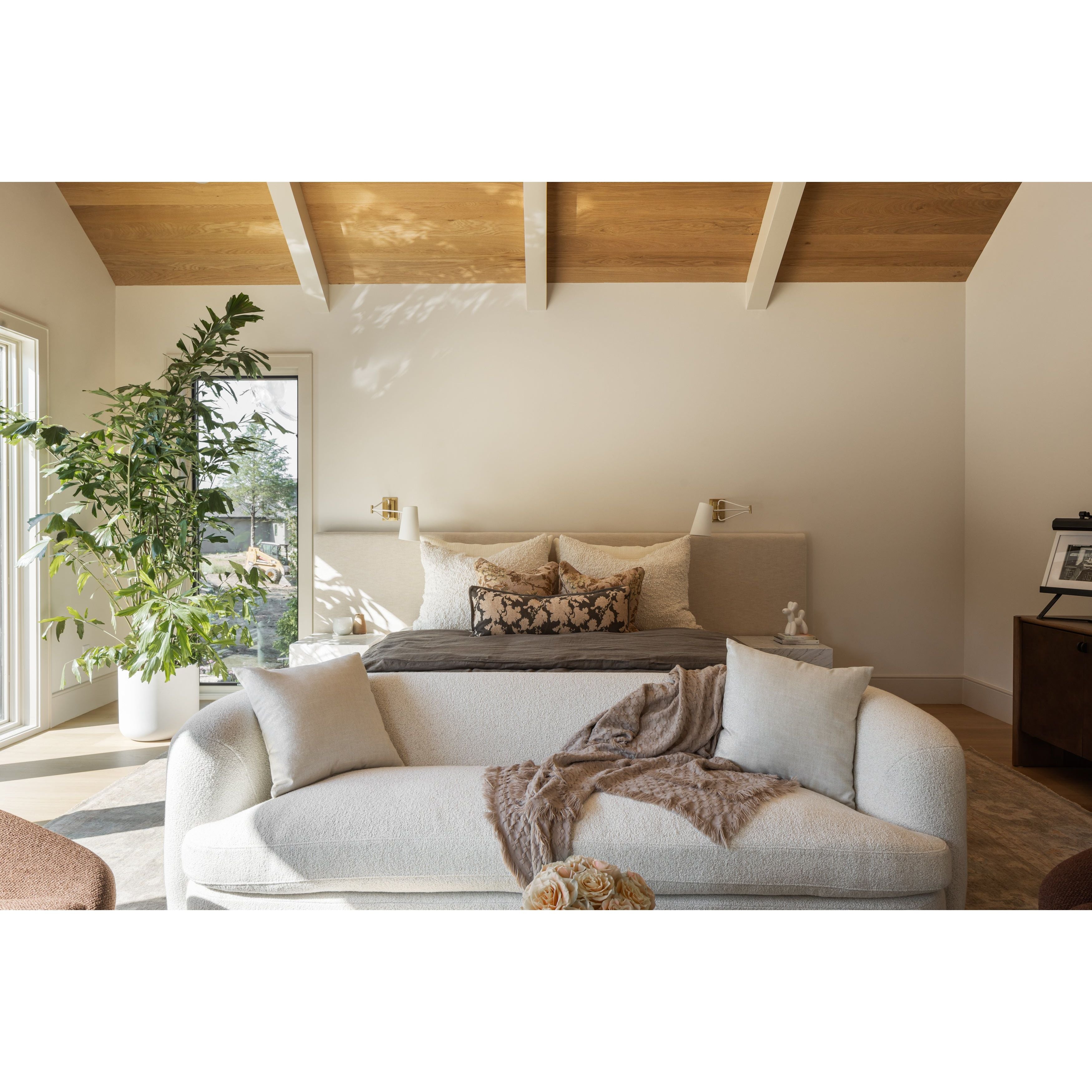 Featuring Martina Bergamo Extra Wide King Bed by Four Hands at Amethyst Home. Low profile luxury with an extra-wide fully upholstered headboard that brings drama to the bedroom. Modern Italian styling is both substantial and plush with clean lines all around. Fully upholstered in a textural cotton/linen blend with extra cushioning on the footboard and side ra. Amethyst Home provides interior design, new home construction design consulting, vintage area rugs, and lighting in the Seattle metro area.