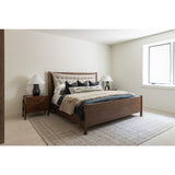 A simple, heavy wood bed frame with a removable sling cushion in a neutral fabric with blind button tufting. Choose the all-wood look or opt for a softer look with the pillow. The cushion is reinforced at the corners for added durability and easily removed for cleaning. Amethyst Home provides interior design, new home construction design consulting, vintage area rugs, and lighting in the San Diego metro area.