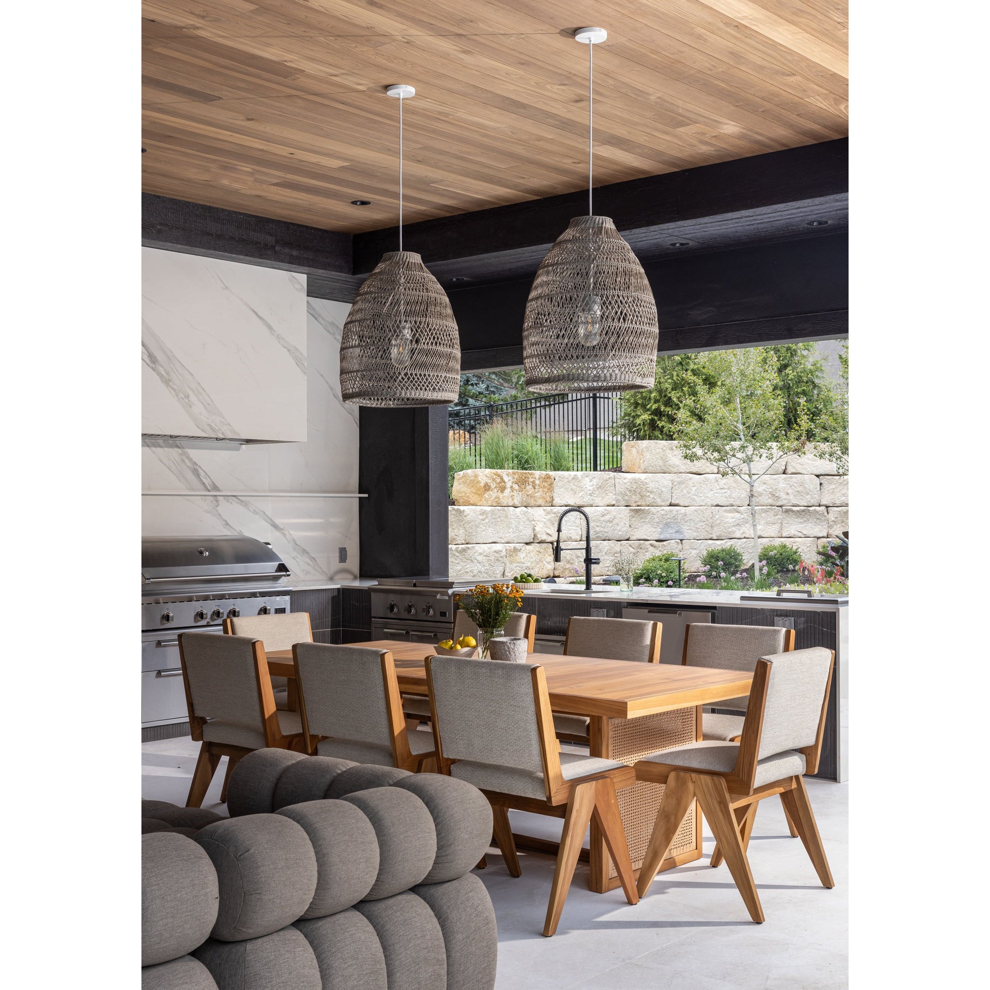 The cane trend moves outdoors. FSC®-certified teak frame is detailed with a rattan-inspired woven panel on the sides for a breezy, crafted minimalism take on the outdoor dining table. Cover or store indoors during inclement weather and when not in use. Our Weatherproof Outdoor Dining Table Cover in size large fits this chair.Overall Dimensions: 90.25"w x 42. Amethyst Home provides interior design, new home construction design consulting, vintage area rugs, and lighting in the Newport Beach metro area.