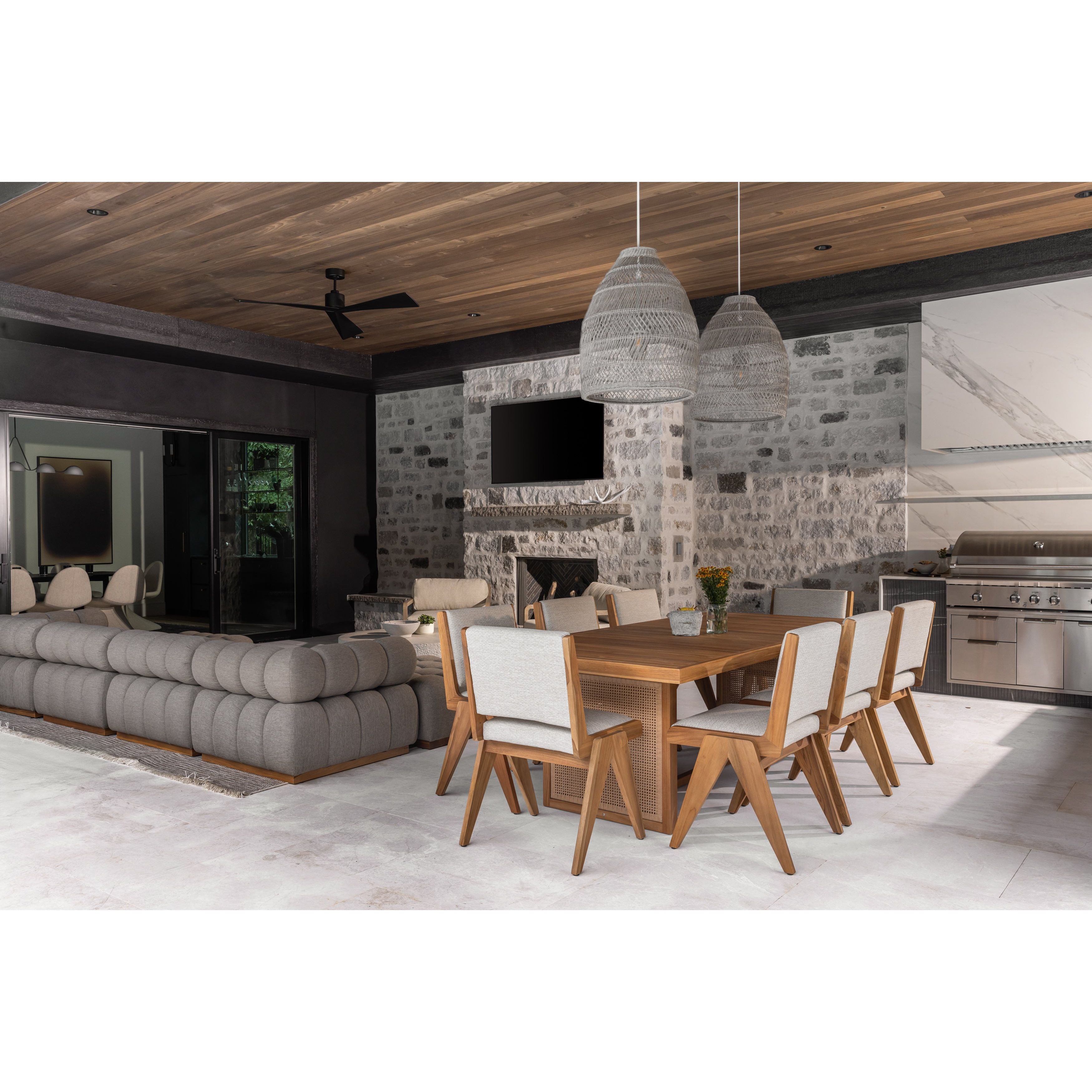 The cane trend moves outdoors. FSC®-certified teak frame is detailed with a rattan-inspired woven panel on the sides for a breezy, crafted minimalism take on the outdoor dining table. Cover or store indoors during inclement weather and when not in use. Our Weatherproof Outdoor Dining Table Cover in size large fits this chair.Overall Dimensions: 90.25"w x 42. Amethyst Home provides interior design, new home construction design consulting, vintage area rugs, and lighting in the Houston metro area.